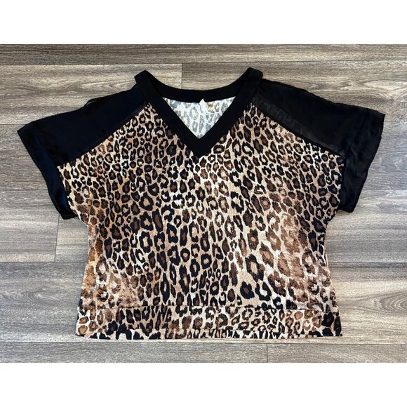 WOMENS ANIMAL PRINT LEOPARD BLOUSE TOP SHORT SLEEVE STRETCH SIZE XL SEE-THROUGH - Picture 1 of 8
